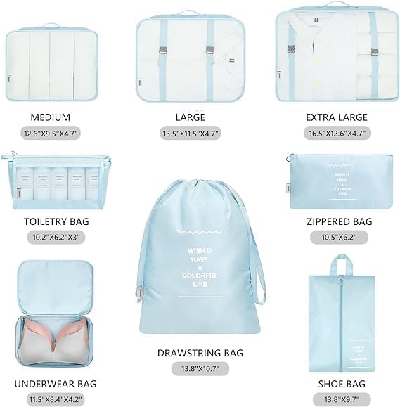 Flyngo Nylon 8 Pcs Travel Organizer Pouch Packing Cubes For Clothes Space Savers Bags Cosmetics/Underwear/Socks/Shoes Toiletry B